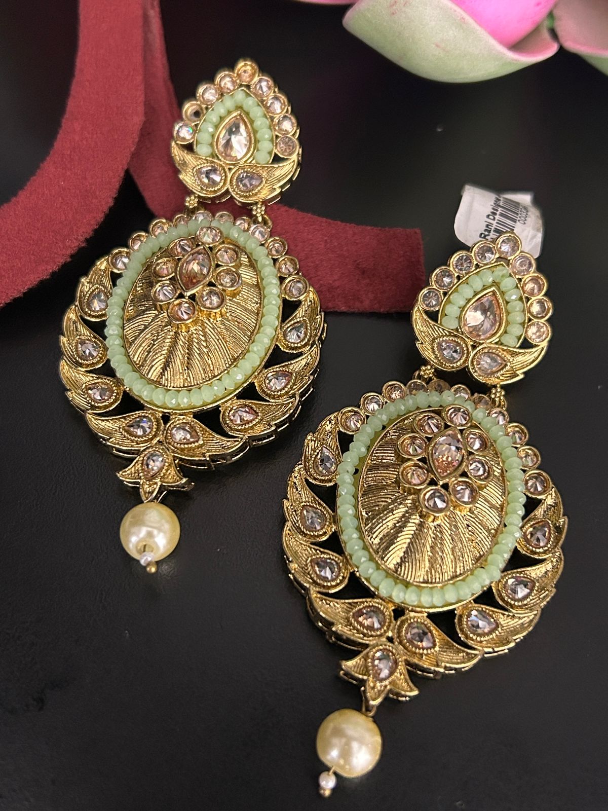 Mint Green Kundan Drop Earrings with Pearl Accent